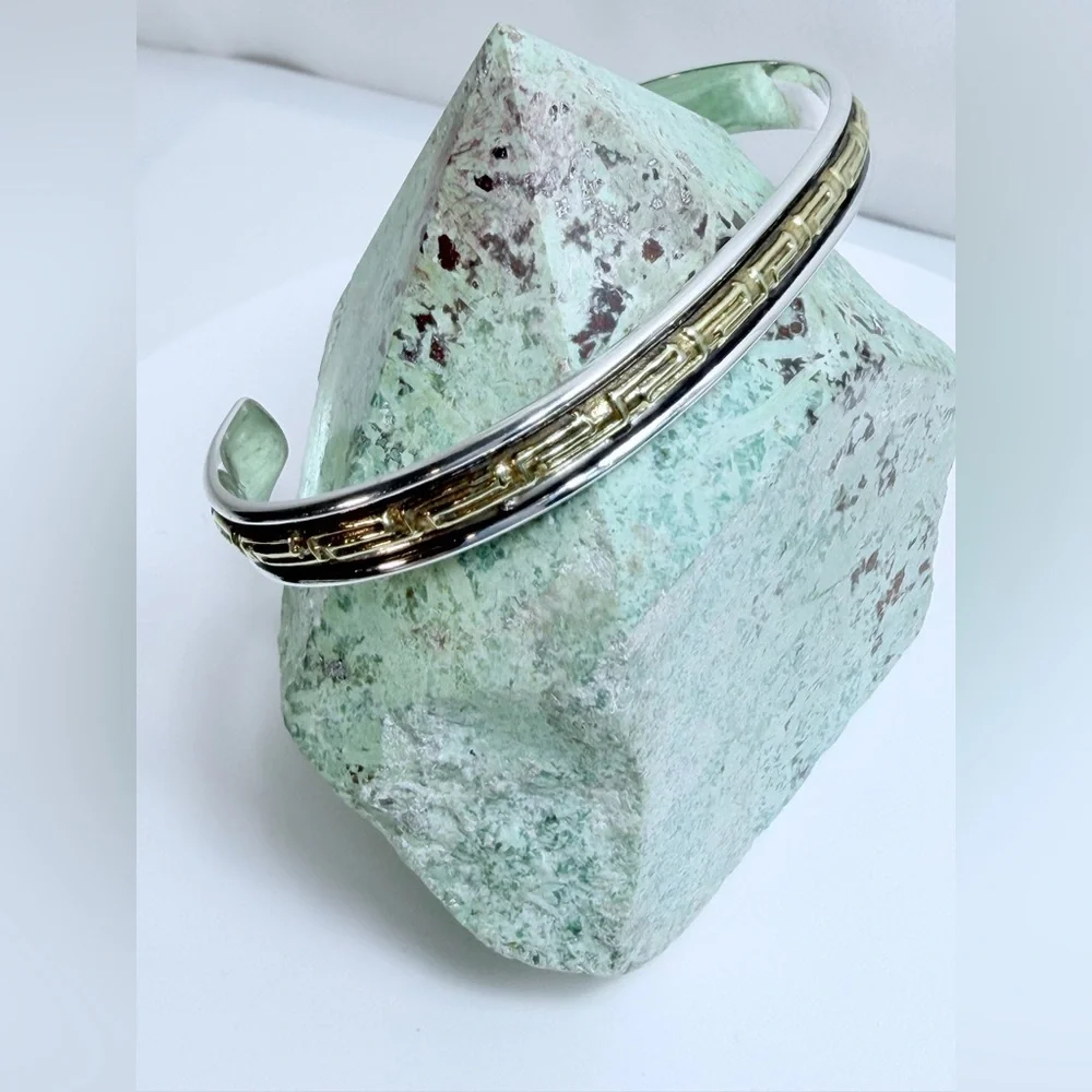 Silpada Rare Oxidized Sterling & Brass Greek Key Design Narrow Cuff Bracelet - Picture 7 of 14